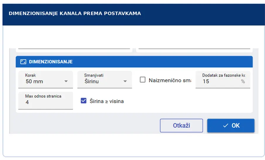 Postavke dimenzionisanja kanala: korak dimenzija, odnos stranica i svođenje preseka