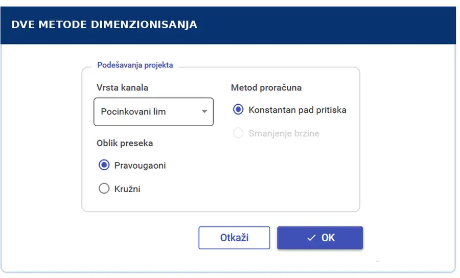 Izbor između metode konstantnog pada pritiska i metode smanjenja brzine, za pravougaone ili kružne kanale