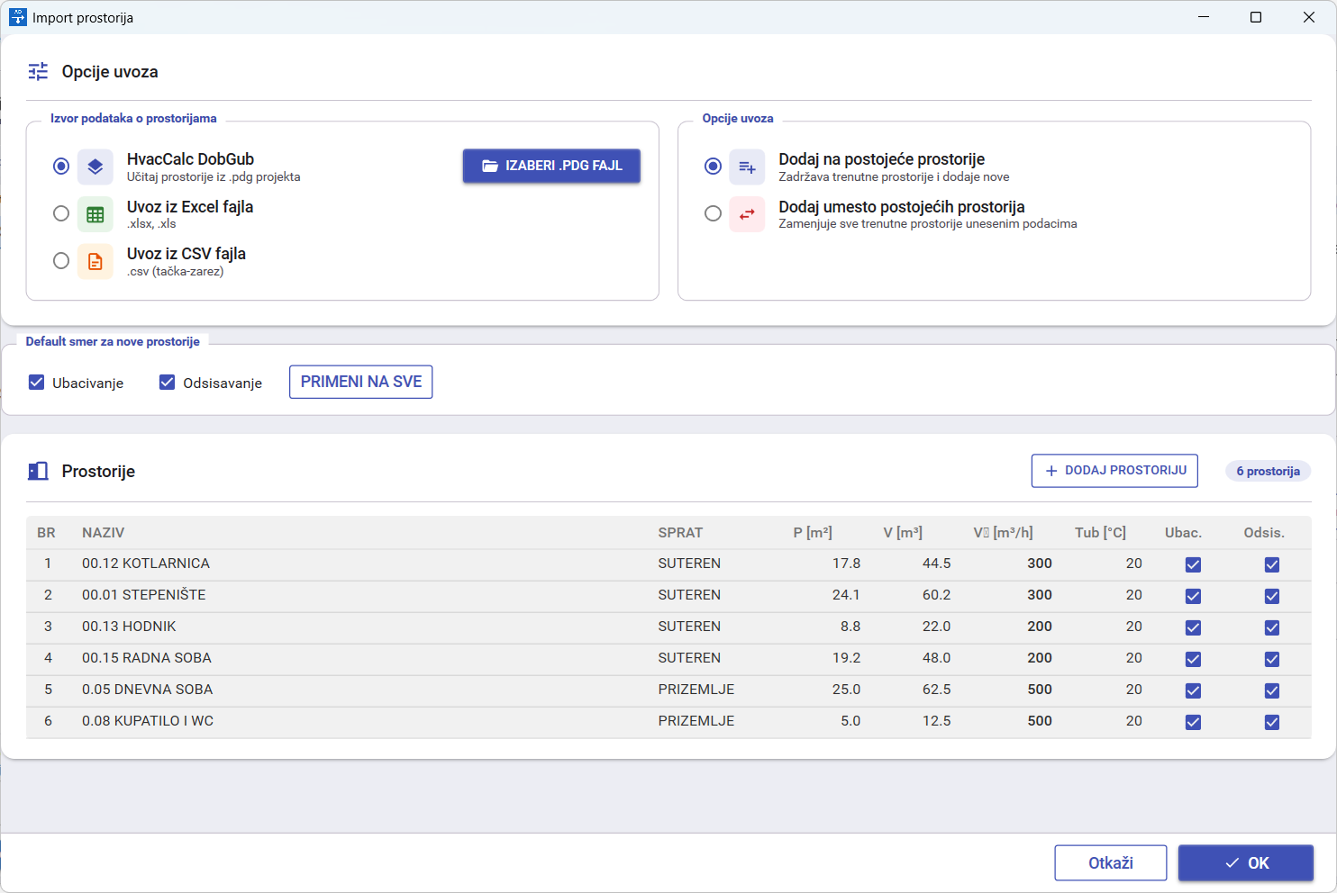 Import prostorija iz DobGub PDG, Excel ili CSV fajla, sa izborom dodavanja ili zamene prostorija i smera ubacivanja ili odsisavanja