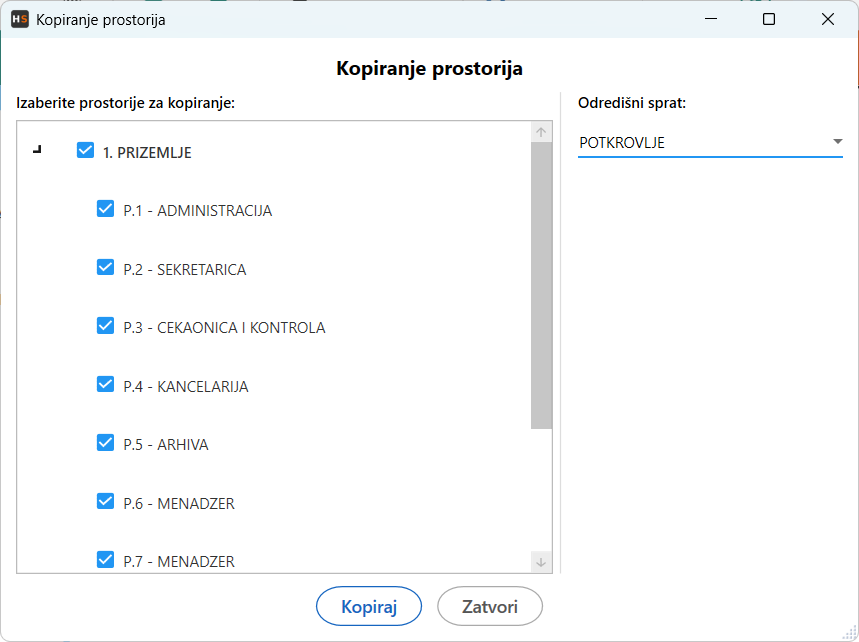 Kopiranje izabranih prostorija na drugi sprat