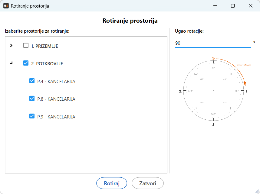 Rotiranje izabranih prostorija za zadati ugao