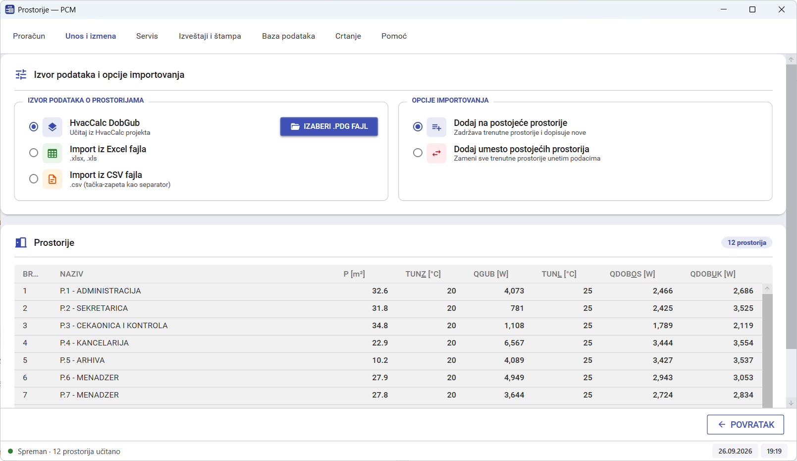 Import prostorija iz programa DobGub, Excel ili CSV fajla