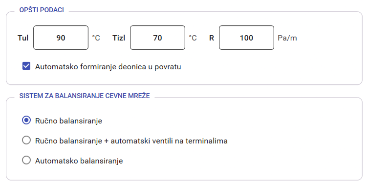 Izbor jednog od tri režima balansiranja cevne mreže